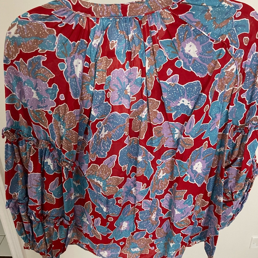 Elegant Floral Blouse in Red and Blue